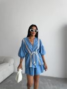 KETEN BEL BÜZGÜLÜ BLUZ-PANTOLON TAKIM - Mavi resmi